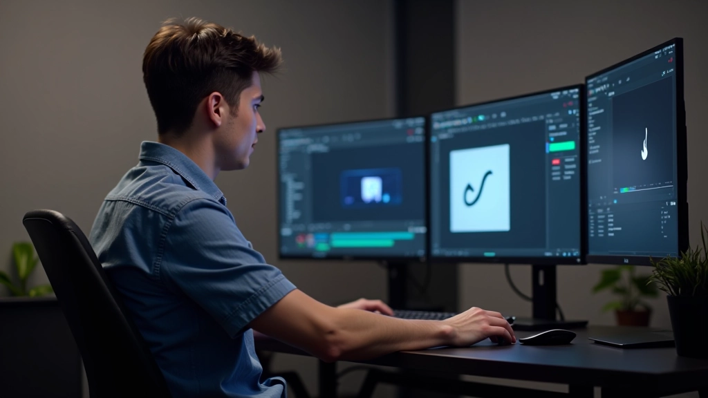 Animator aan het werk in professionele studio met dual monitors en After Effects interface