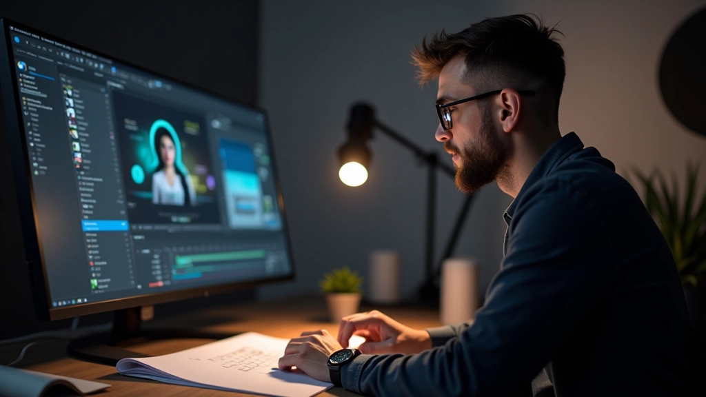 Grafisch ontwerper die aan een animatie werkt op een groot scherm in een moderne studio