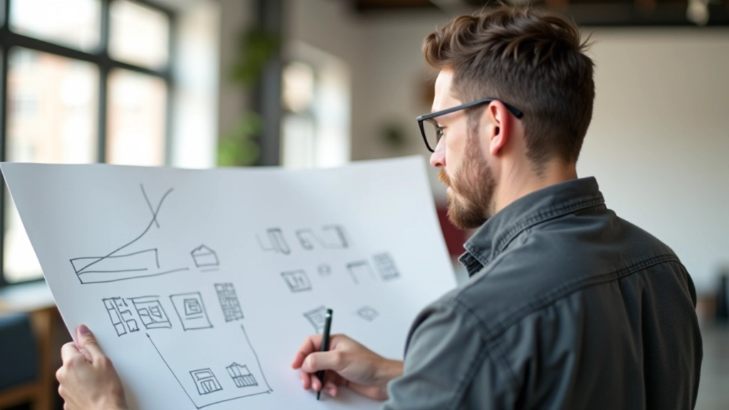 Motion designer kijkt naar storyboard met intro- en outro-sequenties schets