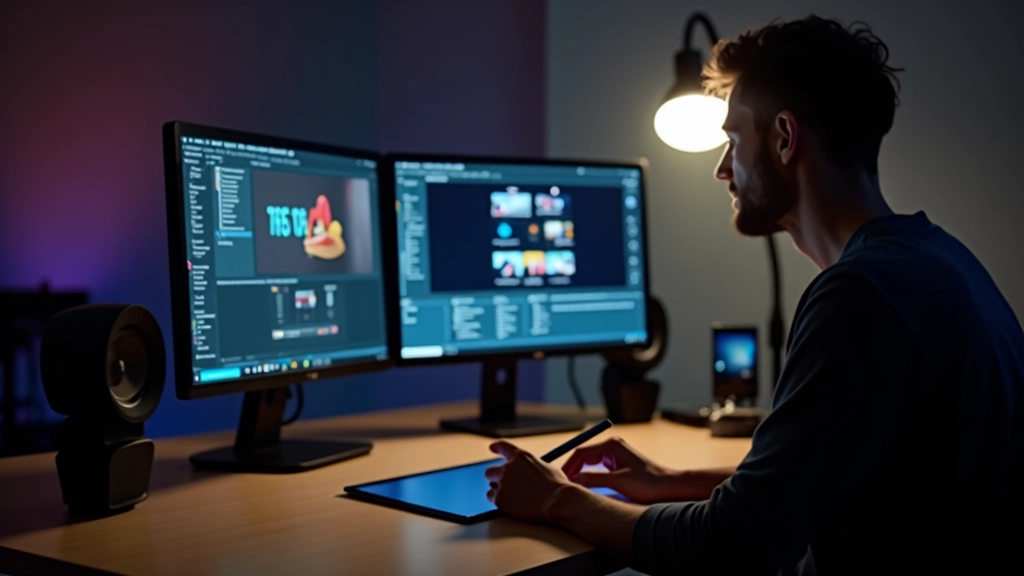 Professionele animatiewerkplek met meerdere schermen en animatiesoftware interface